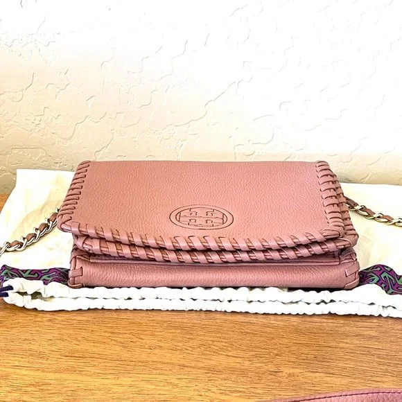 Tory Burch Crossbody Bag Marion Combo Maple Sugar Mauve Pink Leather Whipstitch - Picture 8 of 11